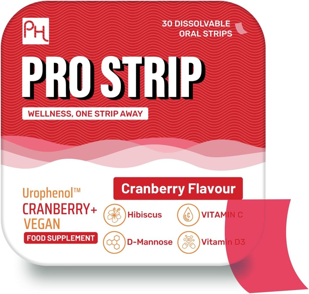 PROSTRIP ® Żurawina + Urofenol ™ Zapewnia 36 mg proantocyjanidyny (PAC) - Dodawanie do D- mannozy, organicznego Hibiscus, witaminy D3, B6 & C - 30 Wegańskich pasków doustnych - Brak wody - Prowise Healthcare