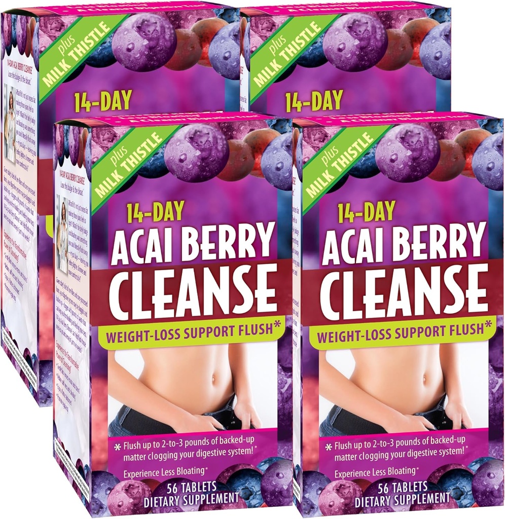 Stosowane odżywianie 14- dzień Acai Berry Cleanse - 56 tabletek, Opakowanie 4 - Podtrzymywanie strat wagowych Flush + Mleko Thistle - 112 Łączne służby