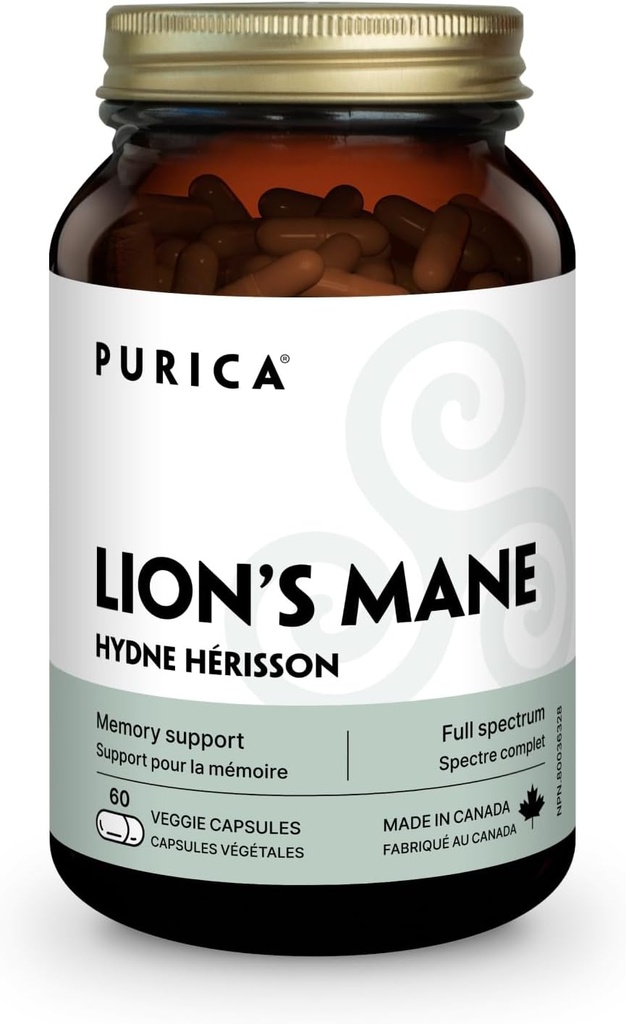 PURICA - Grzyby zmikronizowane z grzyba lwa, 60 Kapsułek wegańskich - Promotes Cognitive Health - Focus and Memory Support