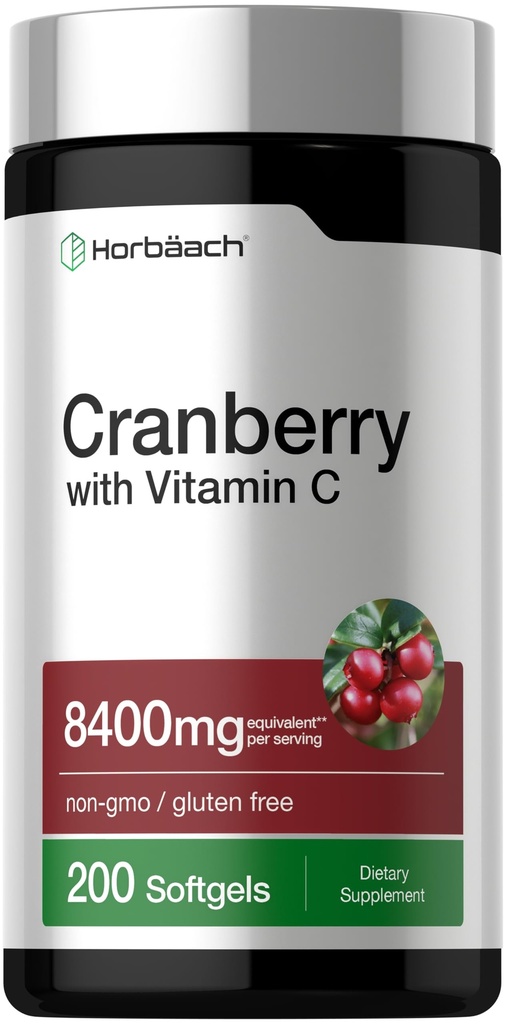 Horbäach Pigułki żurawinowe dla kobiet i mężczyzn 124; 8400mg 124; 200 Softgeli 124; Suplement do ekstrakcji z witaminą C 124; Non-GMO, Gluten Free
