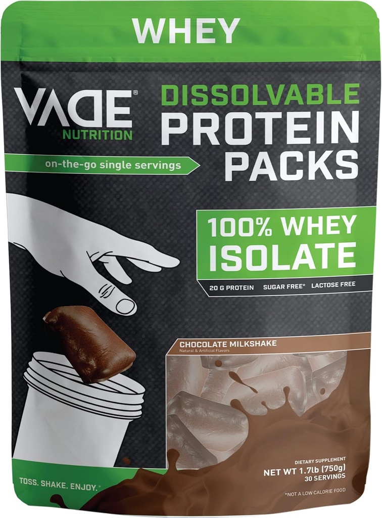 Vade Nutrition Rozpuszczalne opakowania z białkami - 100% Serwatka Isolate Protein Powder Czekoladowy Milkshake - Niskie węglowodory, Niskie kalorie, Laktoza wolna, Cukier wolny, Tłuszcz wolny, Gluten wolny - 30 Pakiety, aby przejść