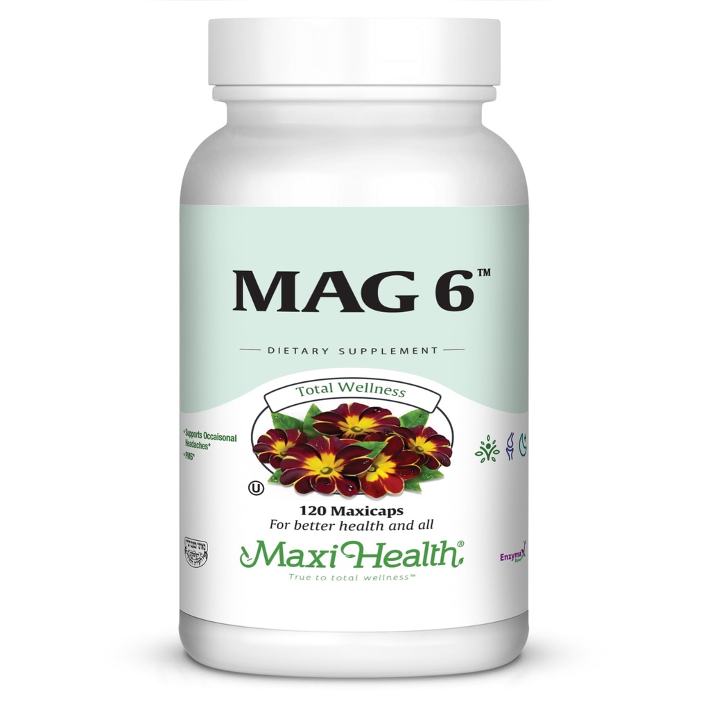 Maxi Health MAG 6 - Magnez (w postaci tlenku, glicynianu) z witaminą B6 - Migrena, skurcze mięśni, Wspomaganie Kamienia Nerki - Suplement magnezu dla Kobiet i Mężczyzn - 120 Kapsułek - Kosher