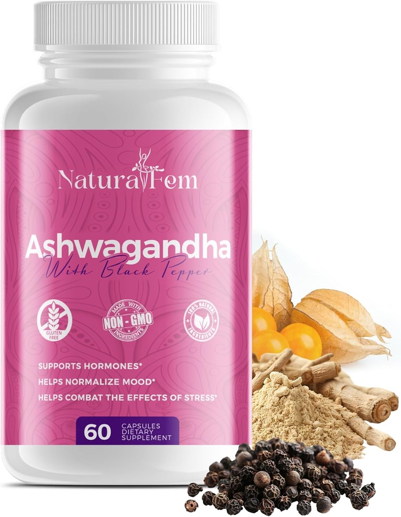 Naturalfem Ashwagandha Suplementy dla Kobiet z czarnym pieprzem - Zarządzanie stresem, Hormon & Mood Supplement - Gluten- Free, 1300 mg. 60 Kapsułki roślinne