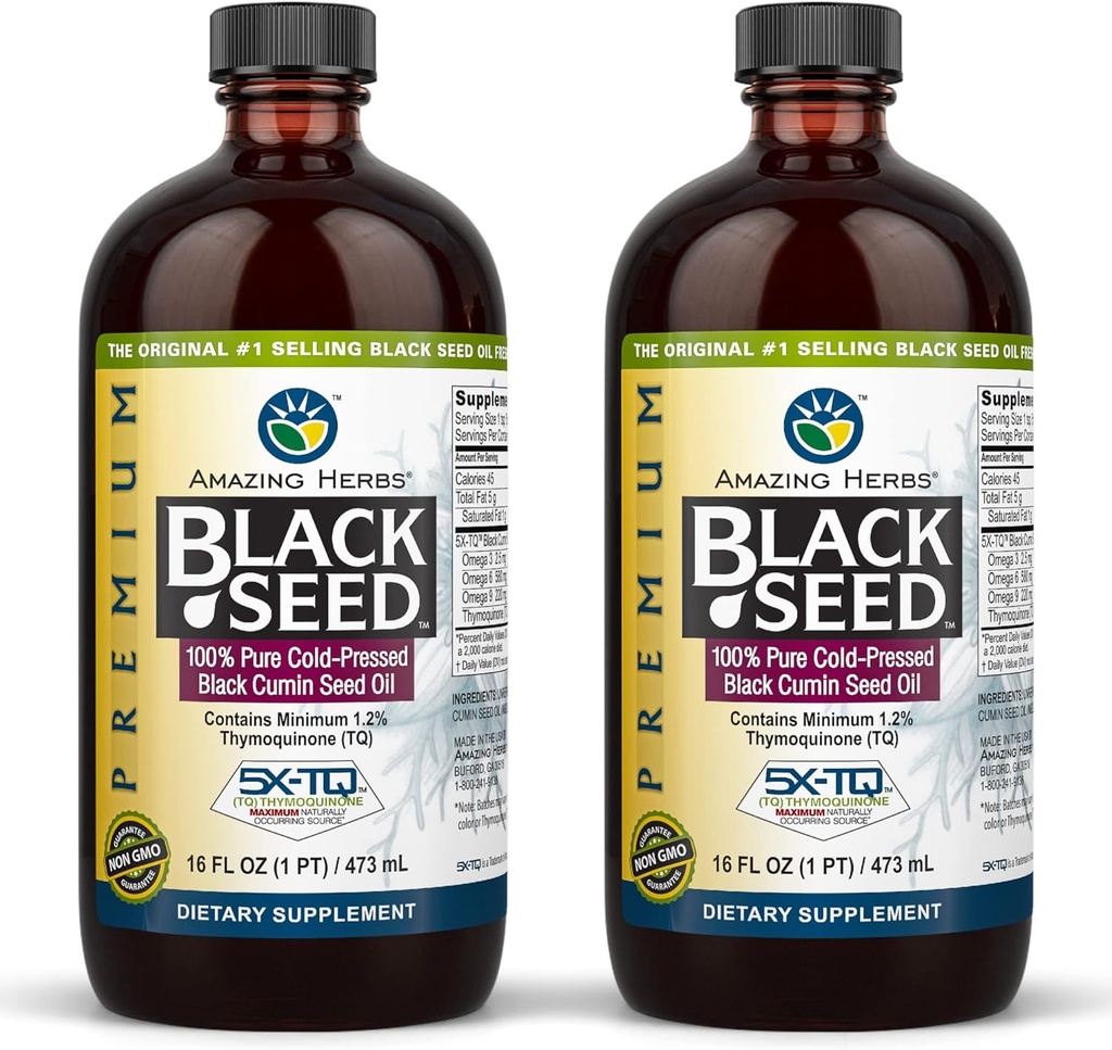 Niesamowite zioła Premium Black Seed Oil - Gluten Free, Nie GMO, Cold Pressed Nigella Sativa Aid in Digestive Health, Wsparcie immunologiczne, Funkcja Mózgu, Wspólna Mobilność - 16 Fl Oz (Pack of 2)