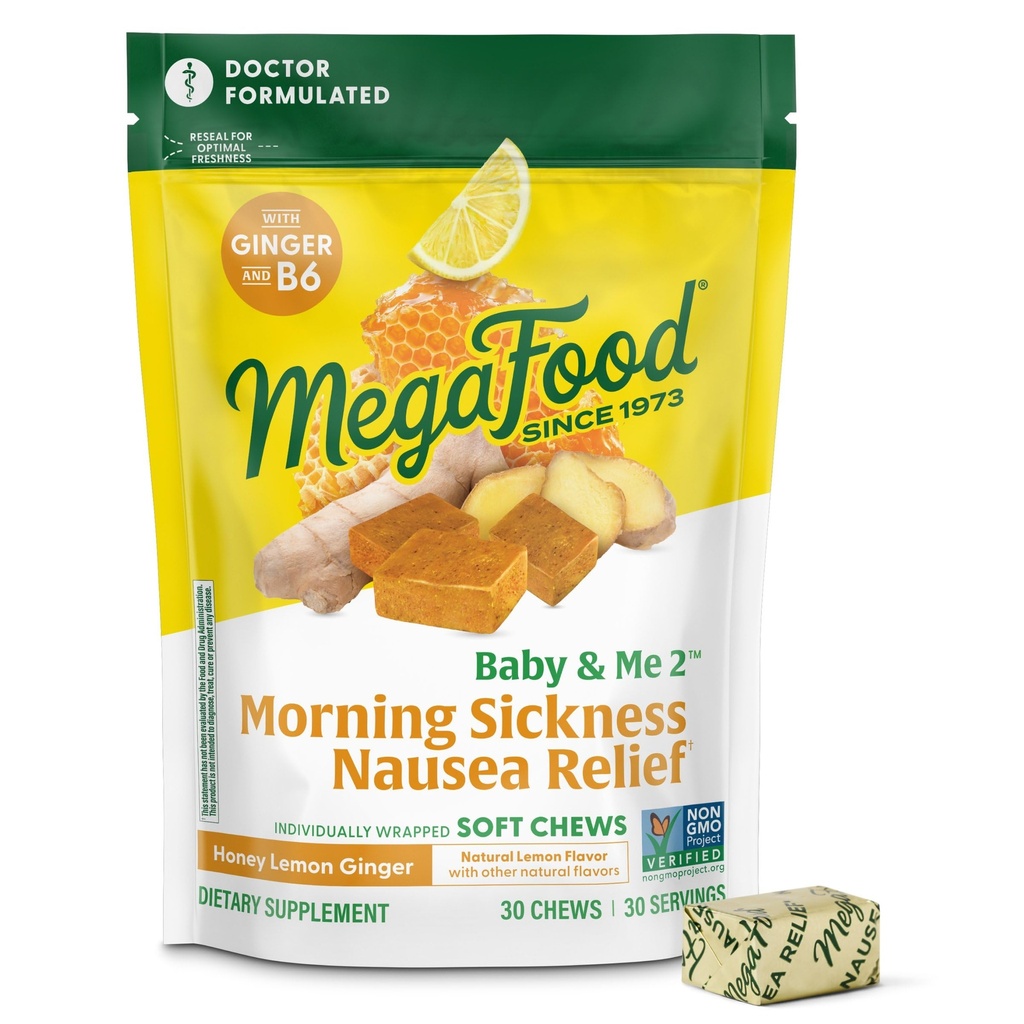 MegaFood Baby & Me Prentatal porannej choroby ulgi, Ginger Chews, z witaminą B6, Made Bez 9 Allergens żywności, Honey Lemon Ginger Flavor, 30 Chews
