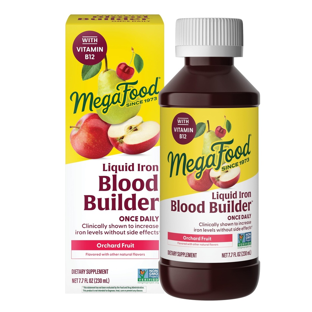 MegaFood Blood Builder Liquid Iron Supplement for Women, Men & Kids, Klinicznie pokazane, aby zwiększyć poziom żelaza bez zaparcia, Wegan, 7.7 Fl Oz (23 Służenie)