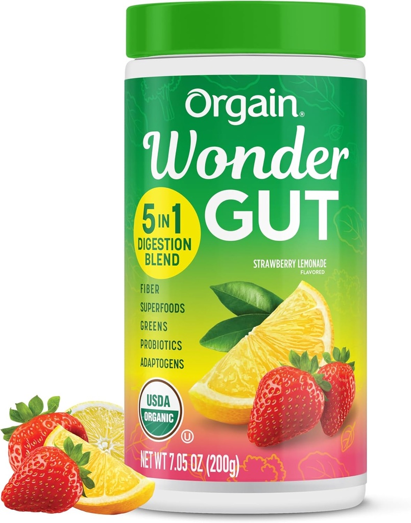 Orgain Organic Wonder Gut Fiber Supplement Powder, 5 w 1 Mieszanka z 1 Miliard Probiotyki, Zielone, Witamina C, Adaptogens for Gut Zdrowie i Wsparcie immunologiczne, Non-GMO, Lemoniada truskawkowa, 7.05 oz