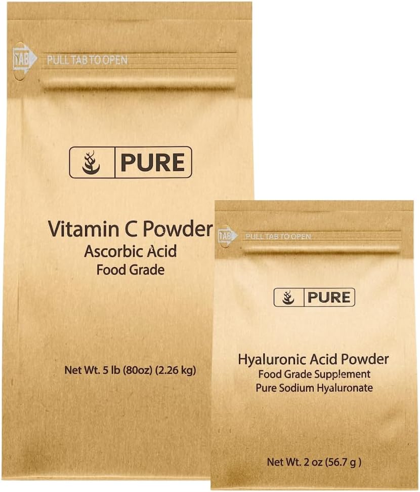 Czyste składniki oryginalne Witamina C Proszek i Hyaluronic Acid Bundle, Różne rozmiary, drobny proszek, Rozpuszczalny w wodzie
