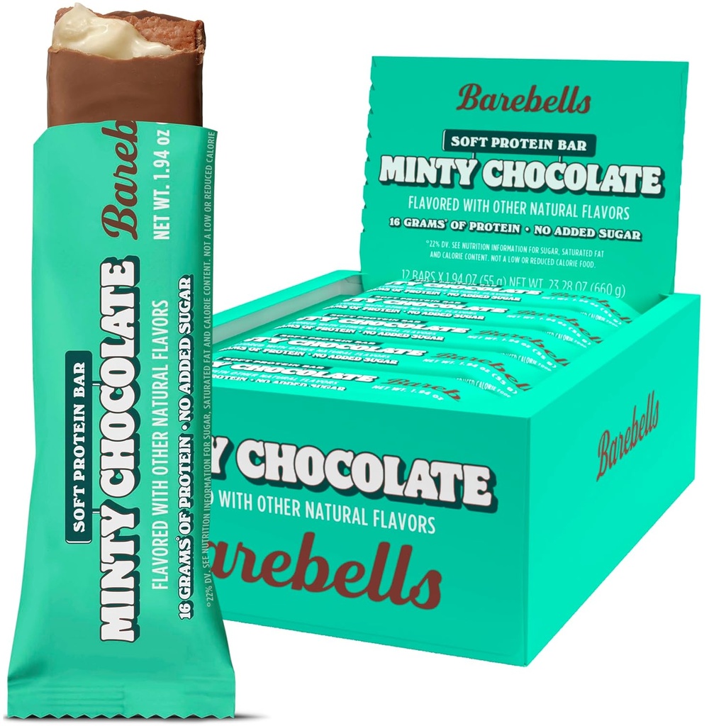 Barebells Soft Protein Bars, Minty Chocolate - 12 Count, 16 g High Protein Treats - Chocolate Nutrition Bar z 1g Sugar Total - On The Go Breakfast or Post- Workout Snack