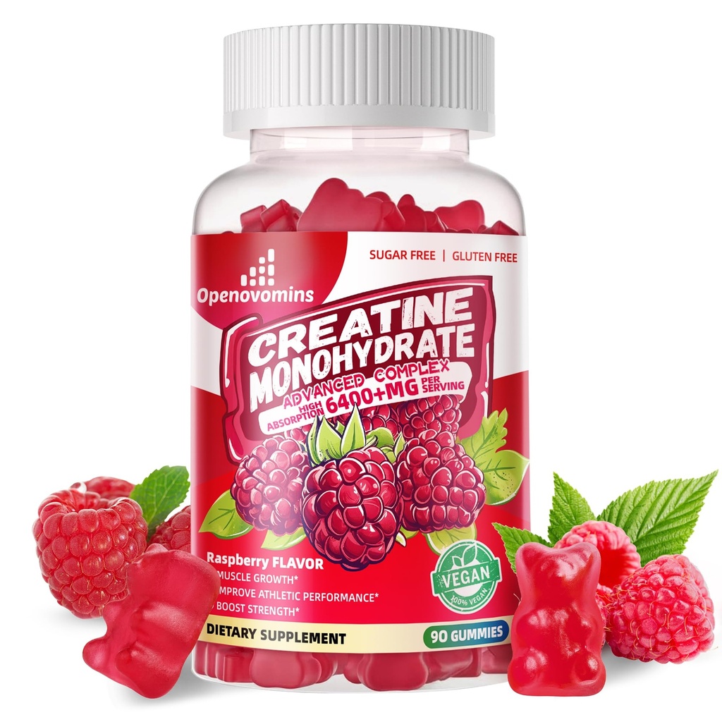 Jednowodzian Gummie Kreatyna Kompleks 6400mg dla mężczyzn i kobiet - Zaawansowana Formuła W / L- Tauryna + Witamina B12, Sugar Free Chewable Supplement, 90 Malina Gummies