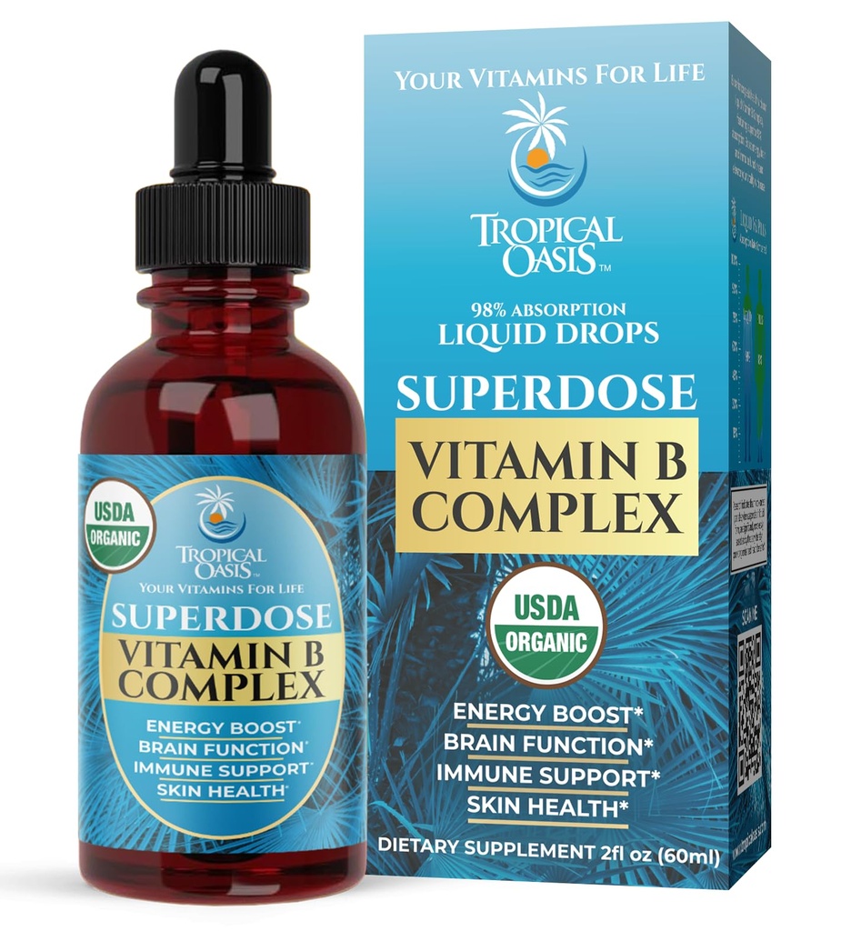 Superdose Organic Vitamin B Complex Liquid Drops | 125,000% DV Vitamin B12, B6, Biotin, Niacin, Folate | Energy, Brain Health, Immune Support | USDA Organic, Vegan, Non-GMO | 60 Serv, 2 Mo. Supply