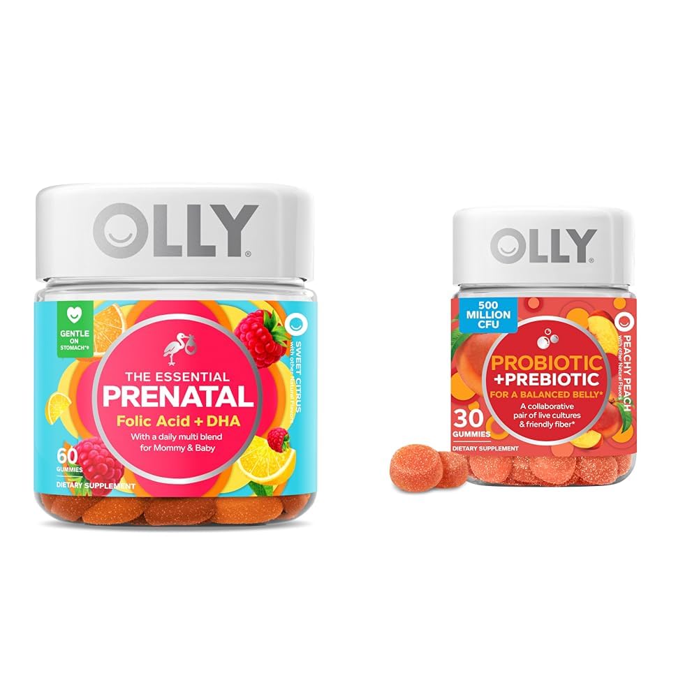 OLLY The Essential Prenatal Gummy Multivitamin, 30 Day Supply (Gummies), Słodki, Kwas foliowy i Probiotyczne + Gummy prebiotyczne, Wsparcie i Gut Health, 500 Milion CFU, Fiber