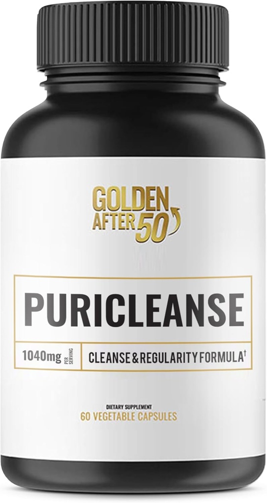 Golden After 50 PuriCleanse - Czyszczenie i Regularność Wsparcie - 60 Kapsułki, 1040mg - Gut Cleanse i Fiber Supplement z ekstraktem Senna Leaf, Pyllium Husk w proszku i probiotyki dla mężczyzn i kobiet