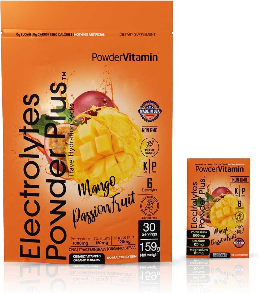 PowderWitamina Electrolytes Powder Plus, Keto, Mango Passionfruit, Sugar Free, 1000mg Potasu, 120mg wapnia, 120mg magnezu, Non-GMO, Zero Kalorii, 30 pakietów nawadniających
