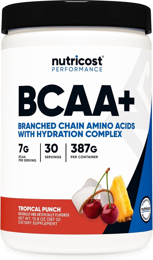 Nutricost BCAA + proszek nawadniający (Tropical Punch) 30 Słupki - Acidy rozgałęzione z kompleksem nawadniającym - Bezglutenowe, Non-GMO