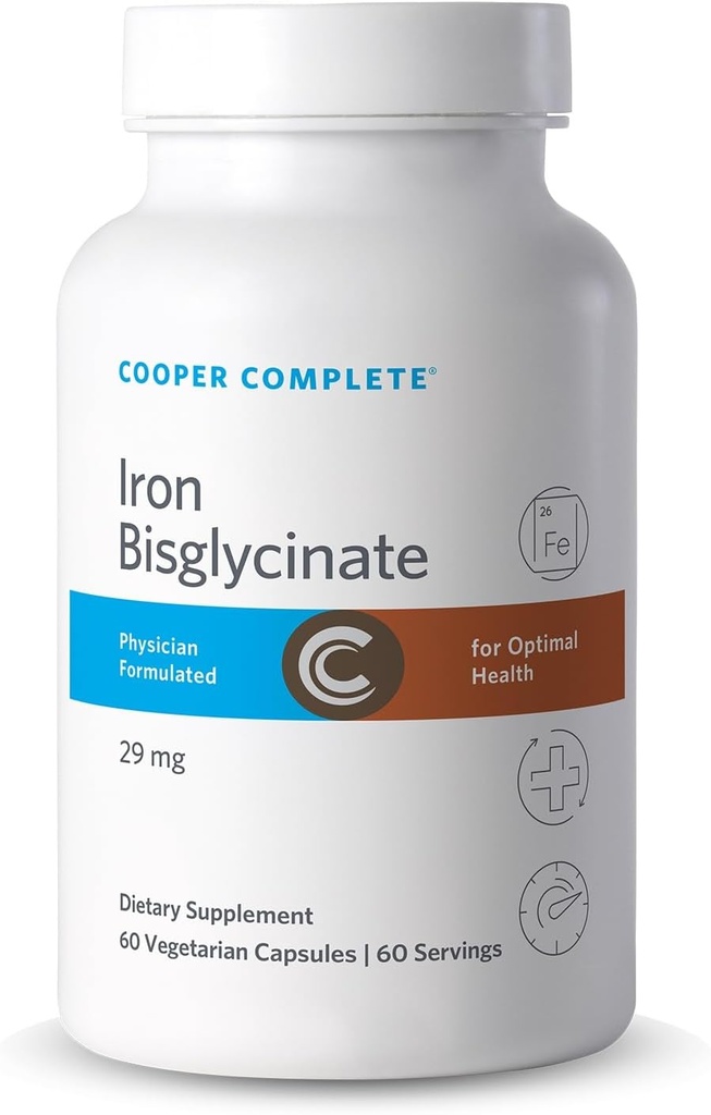 Cooper Kompletny bisglicynian żelaza. 29 mg na tabletkę. 60 kapsułek na butelkę. Opakowanie zawierające 1