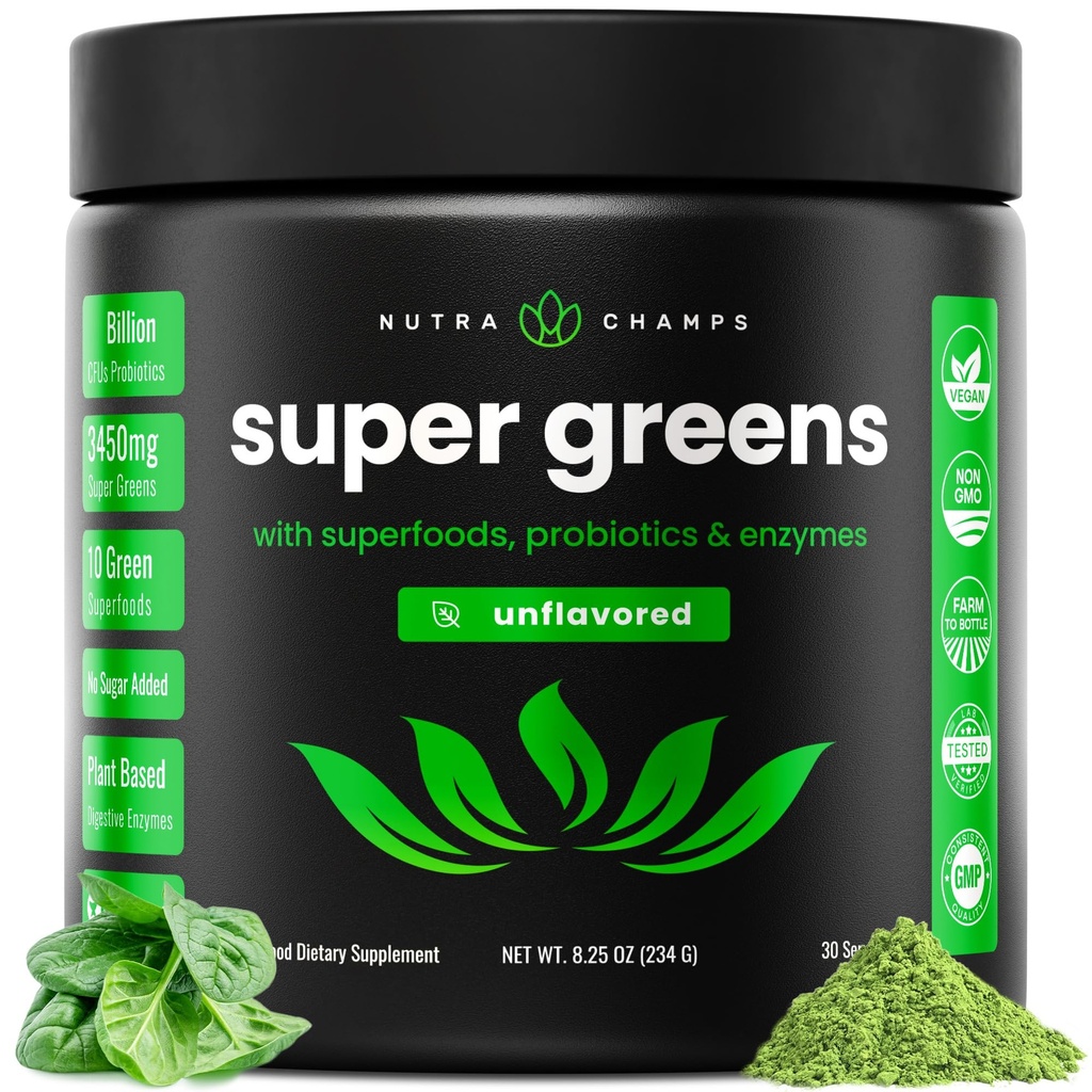 NutraChamps Super Zielonych Proszek Premium Superfood 124; 20 + Organic Green Veggie Whole Foods 124; Trawa pszenna, Spirulina, Chlorella Agregat 124; Przeciwutleniacz, Enzym spożywczy i mieszanki probiotyczne (9.0 Oz, Unflavored)
