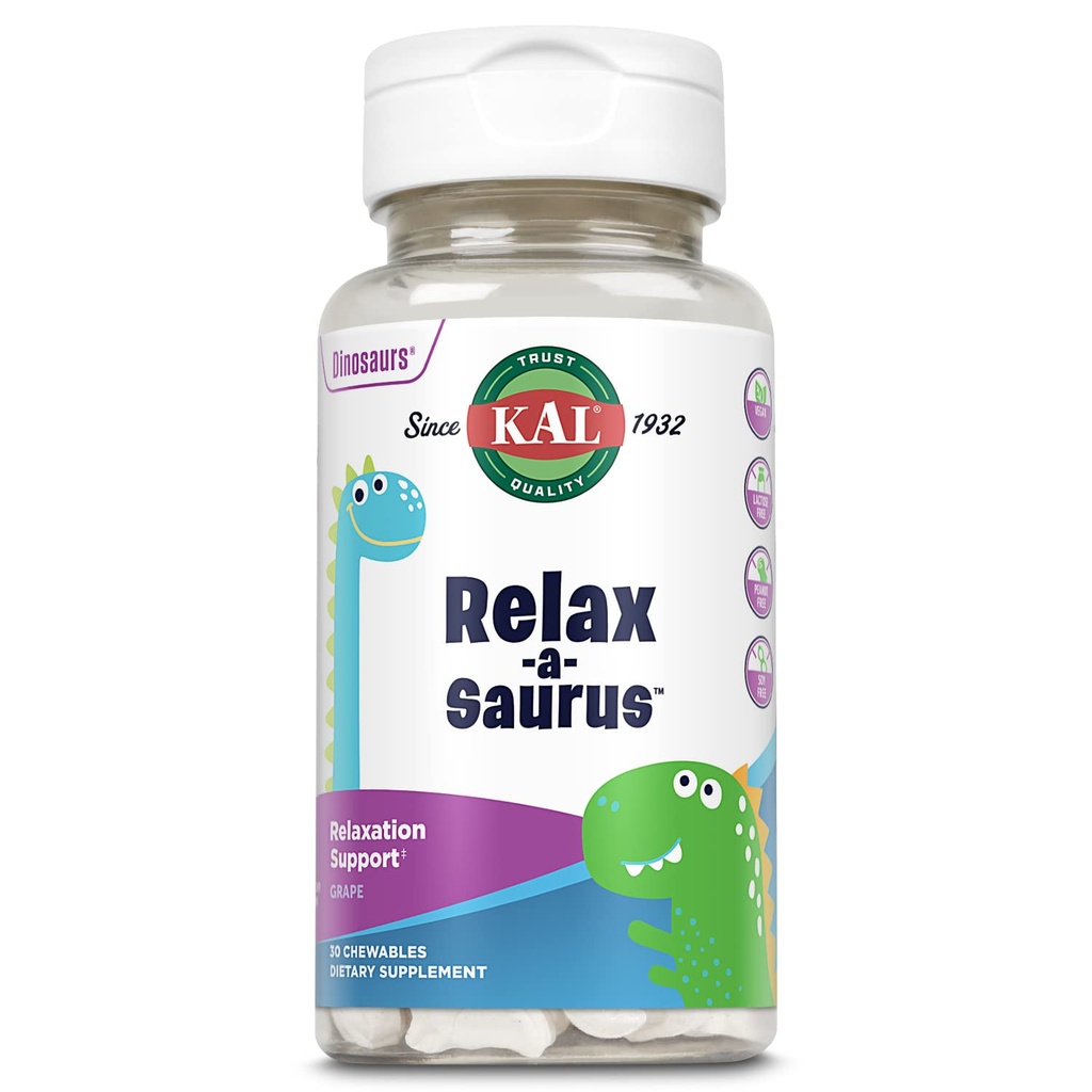 KAL Relax- a- Saurus, Supplement wsparcia dla dzieci, L- Theanine dla dzieci z ziołową ulgą i relaksacją i mieszanką, Pyszne naturalny aromat winogronowy, 60- dniowa gwarancja, 30 Chewables