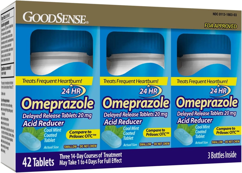 GoodSense Omeprazol Opóźnione uwolnienie Tabletki powlekane 20 mg, Cool Mint, Leczenie często Heartburn, Reduktor kwasowy, Heartburn Medicine, 42 Count