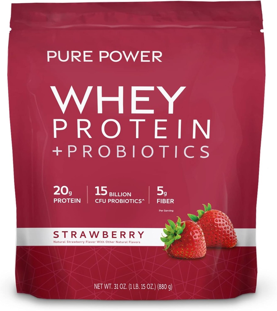 Dr Mercola Pure Power Whey Protein + Probiotyki - Wsparcie Odzyskiwania Mięśnie i Żywność Zdrowie - Pasture- Wyhodowana serwatka - MCTs & Fiber - Vanilla - 31 oz (22 Słupki) - Truskawka