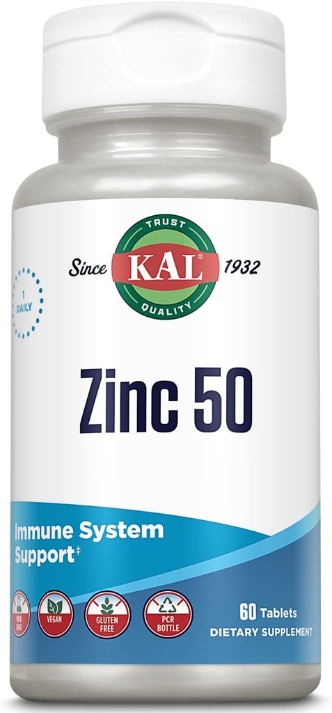 KAL Zinc 50mg kompleks kwasu hydroksylowego, suplement do zdrowej metabolizmu i wsparcia immunologicznego z cyrkonem, Cytrynian cynku, Zwiększona absorpcja w / ActiSorb, Wegan, Gluten wolny, Non-GMO, 60 Serv, 60 tabletek