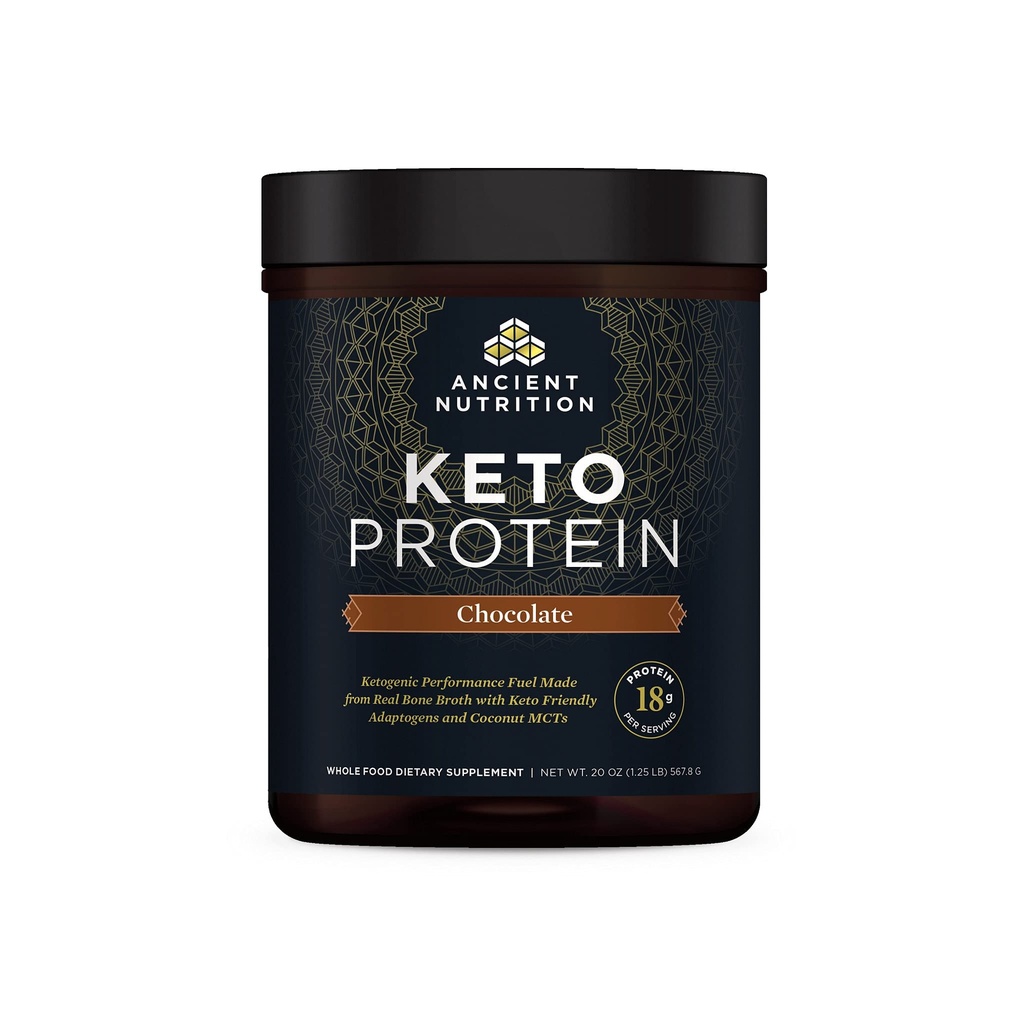 Ancient Nutrition Keto Protein Powder, KetoPROTEIN z tłuszczem z Bone Broth i oleju MCT, Czekolada, 18g białka 10g tłuszczu na serwowanie, Gluten Free, Niskie węglowodany, Paleo Friendly, 17 Sług