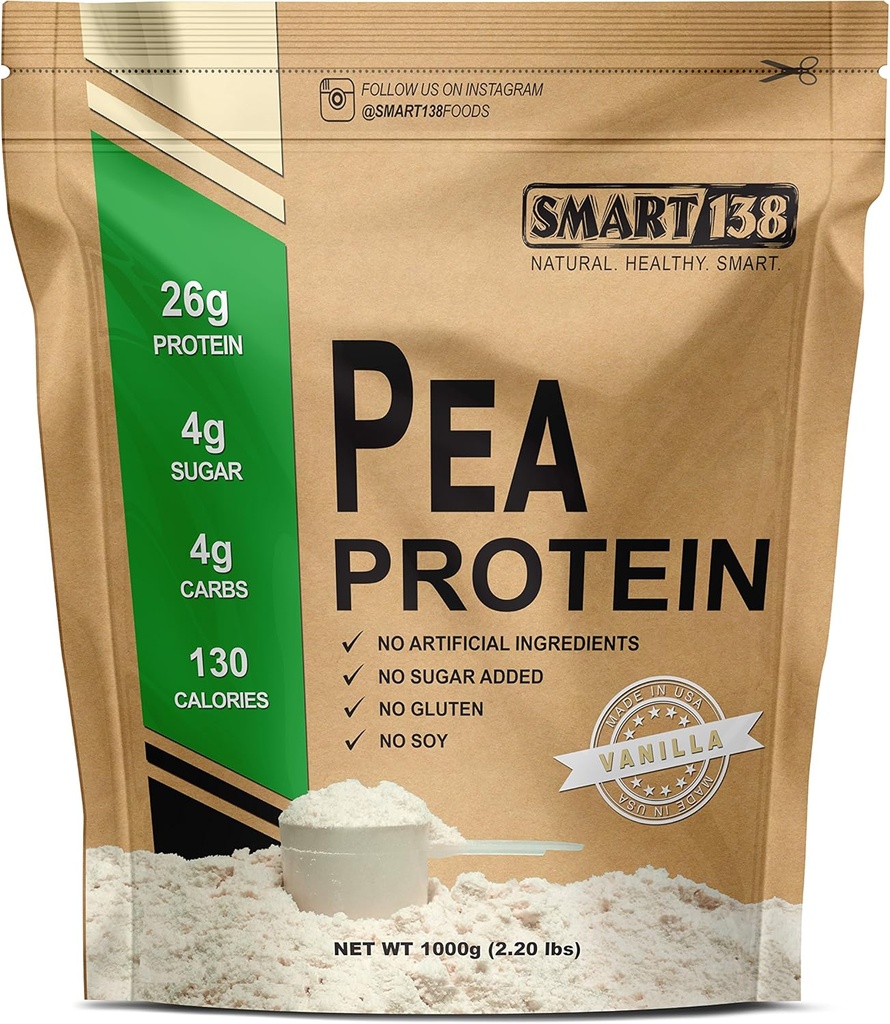 Smart138 Vanilla Pea Protein, Ultra- Fine Powder, Wegan, Gluten- Free, Soy- Free, Dairy- Free, Non-GMO, USA / Kanada, Keto (Low Carb), Natural BCAA (1000g / 2,2lbs, Vanilla)