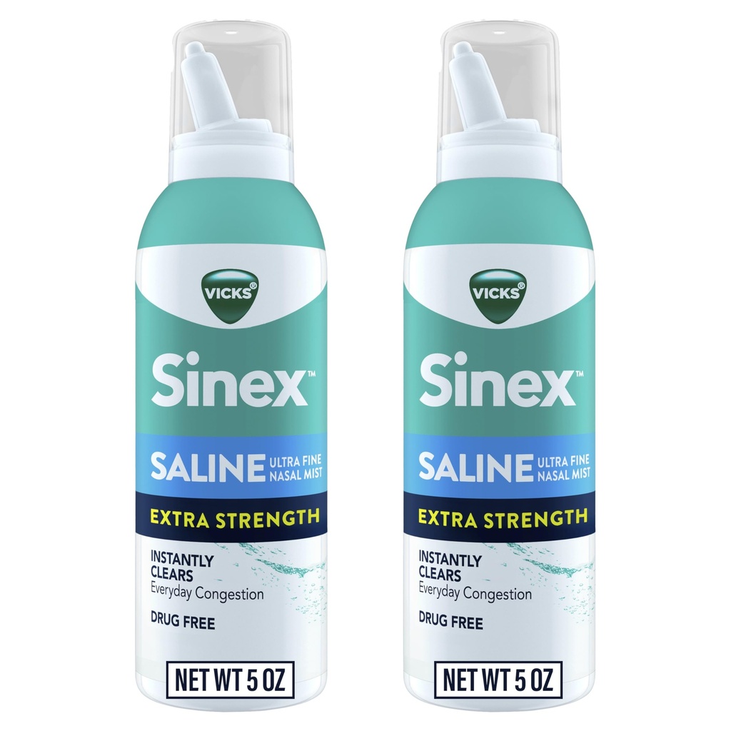 VICKS Sinex Saline Dodatkowa siła Nasal Spray, 3X Skoncentrowane * Lek wolny Ultra Fine Mist, Nieustannie oczyszcza Mucus, Ultra Skoncentrowane do wyraźnego zatłoczenia szybko, Bezpieczny do codziennego użytku, 5 OZ x 2