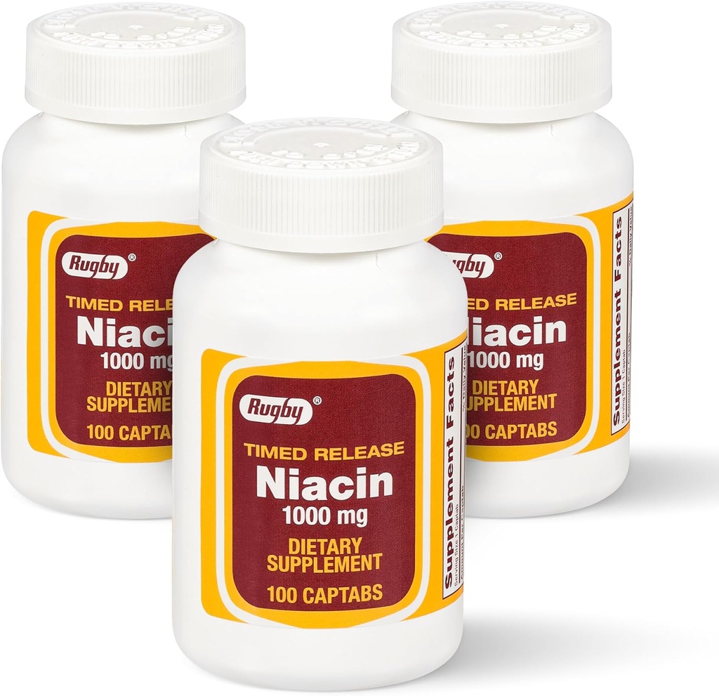 Rugby Timed- Release Niacin 1000mg Suplement diety dla dorosłych w zakresie energii, krążenia i wsparcia metabolizmu, 100 kapsułek (opakowanie po 3)