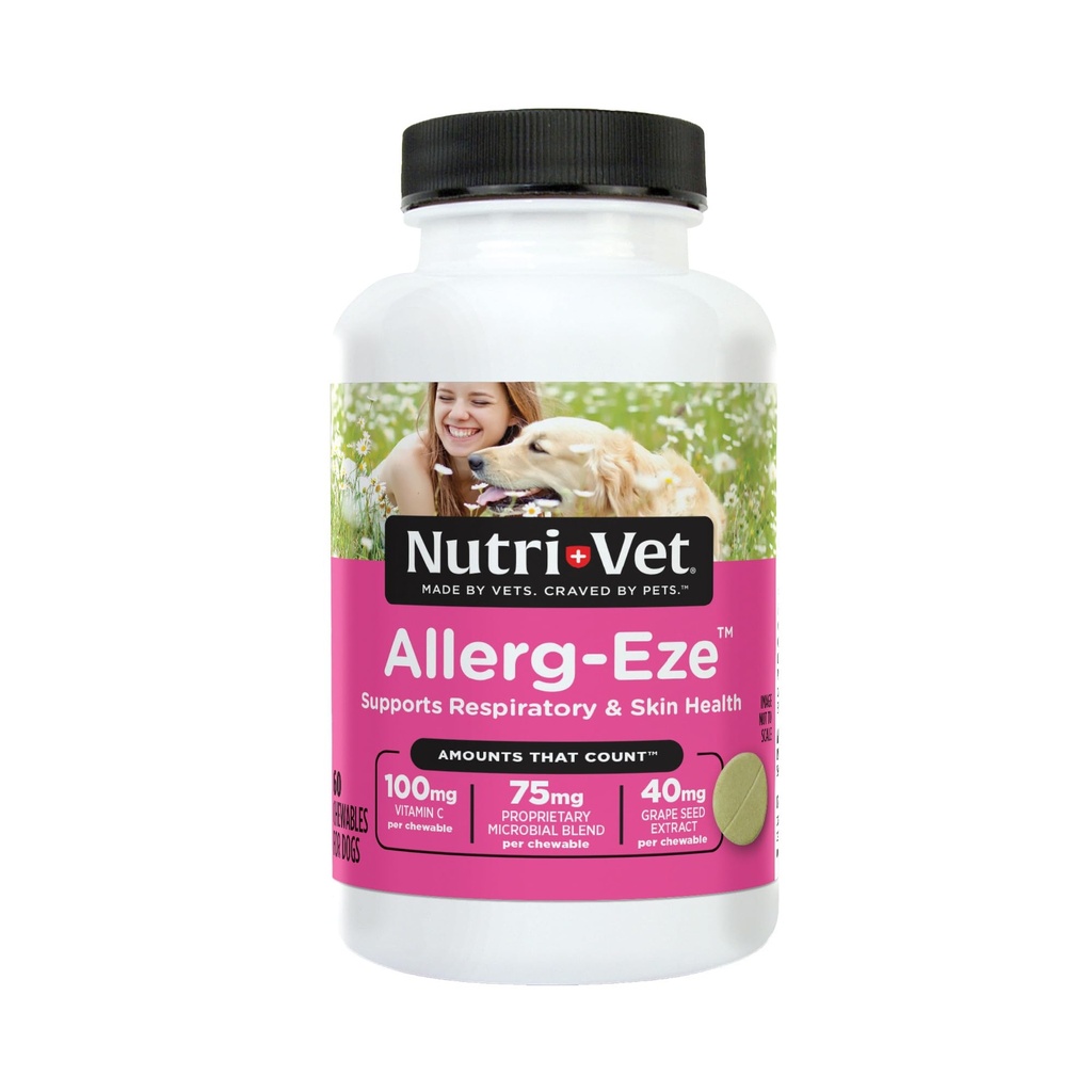 Nutric-Vet Allerg- Eze Chewables dla psów, Przeciwutleniacze i Omega- 3 Kwasy tłuszczowe, Suplement Ulgi alergii, Wspiera Skóra, Płaszcz i Zdrowie oddechowe, 60
