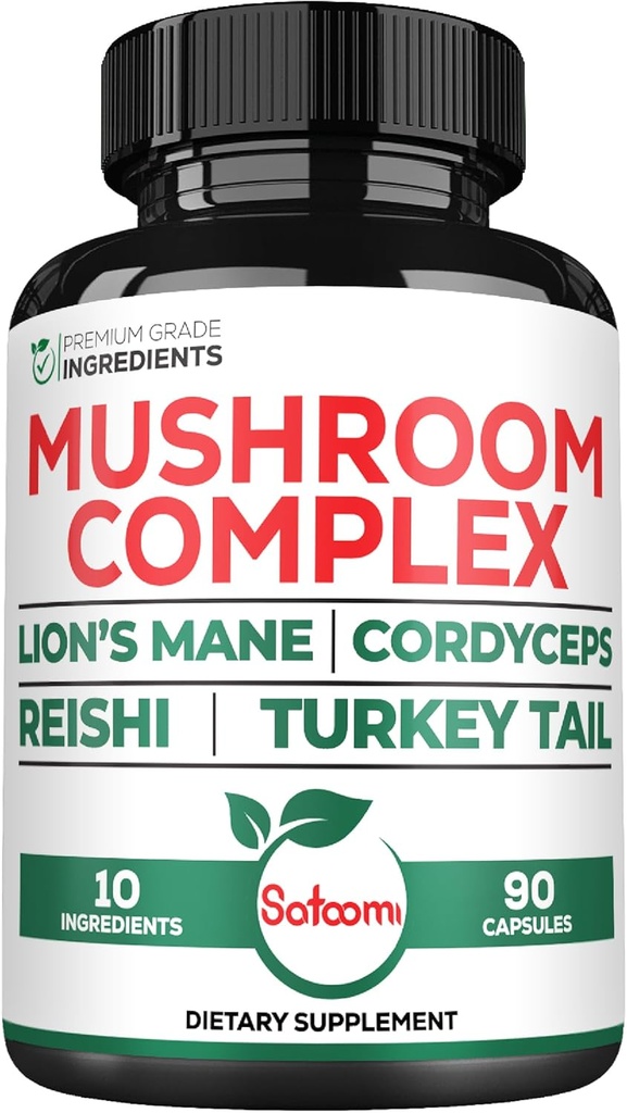 Satoomi 10in1 Lions Mane Supplement Complex - Mieszane z Cordyceps Sinensis, Reishi Mushroom, Turcja Grzyb ogonowy & Inne - 90 liczyć na 3 Miesiące