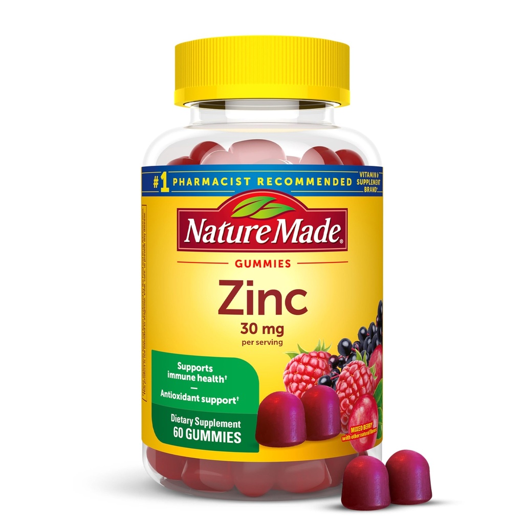 Nature Made Cynk Suplementy 30 mg na porcję, Suplement diety dla immunologicznego zdrowia i wsparcia przeciwutleniaczy, 60 Gummies cynku, 30 Day Supply
