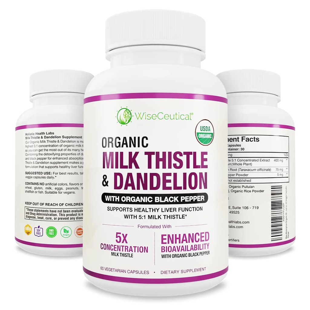 Max Absorpcja USDA Organic Milk Thistle Potent 5: 1 Concentrated Extract (2000mg Strength) & Organic Dandelion Root Aboot 124; Silimarin Antioksydant Flavonoid 124; Licznik (Pack of 1))