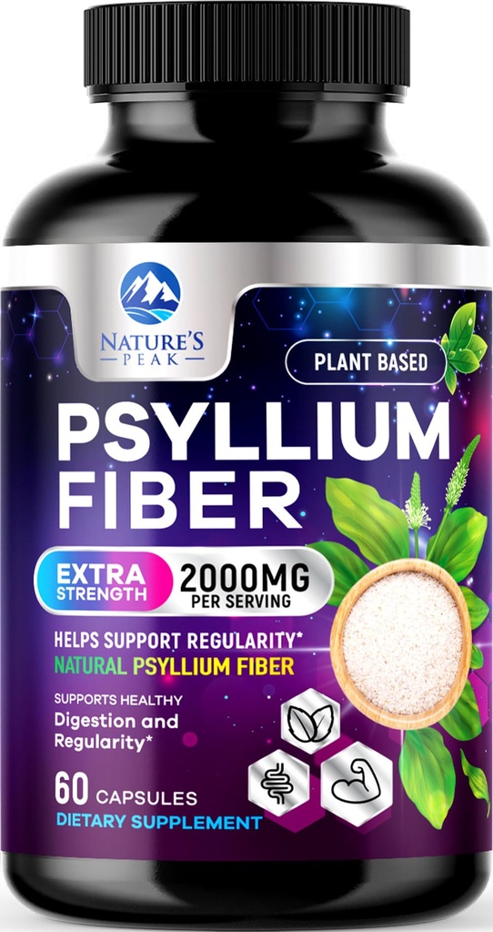 Pzyllium Husk Fiber Supplement 1500mg - Vegan Prebiotic, Solvable Fiber for Daily Digestive Health & Regularny Wsparcie, Natural Pzyllium Powder Caps, Sugar- Free, Non-GMO & Gluten- Free - 60 Kapsułki