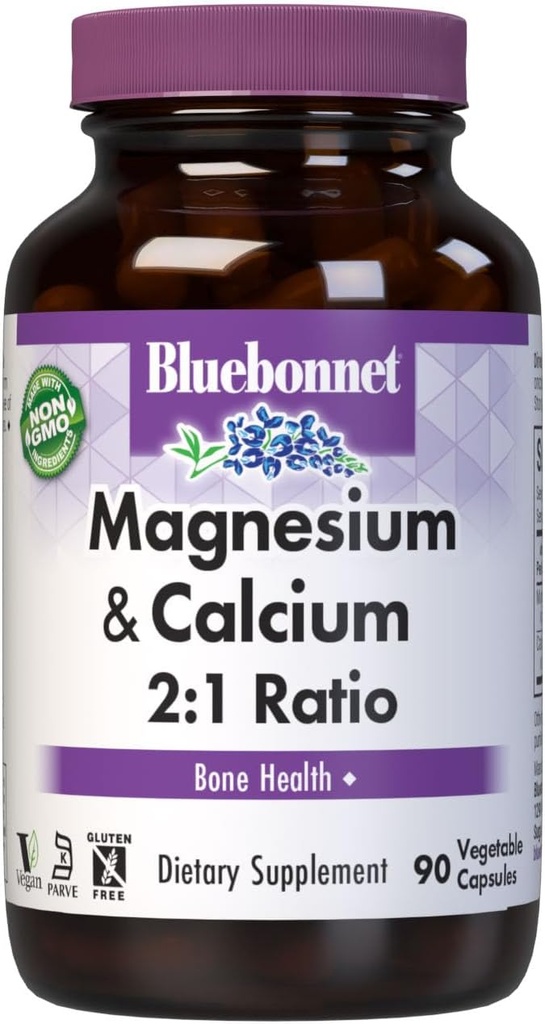 Bluebonnet Nutrition Magnez & Wapń 2: 1 Stosunek, Bone Health *, Non-GMO, Wegan, Kosher Certified, Gluten- Free, Soy- Free, Dairy-Free, 90 Kapsułki roślinne, 30 Słupki
