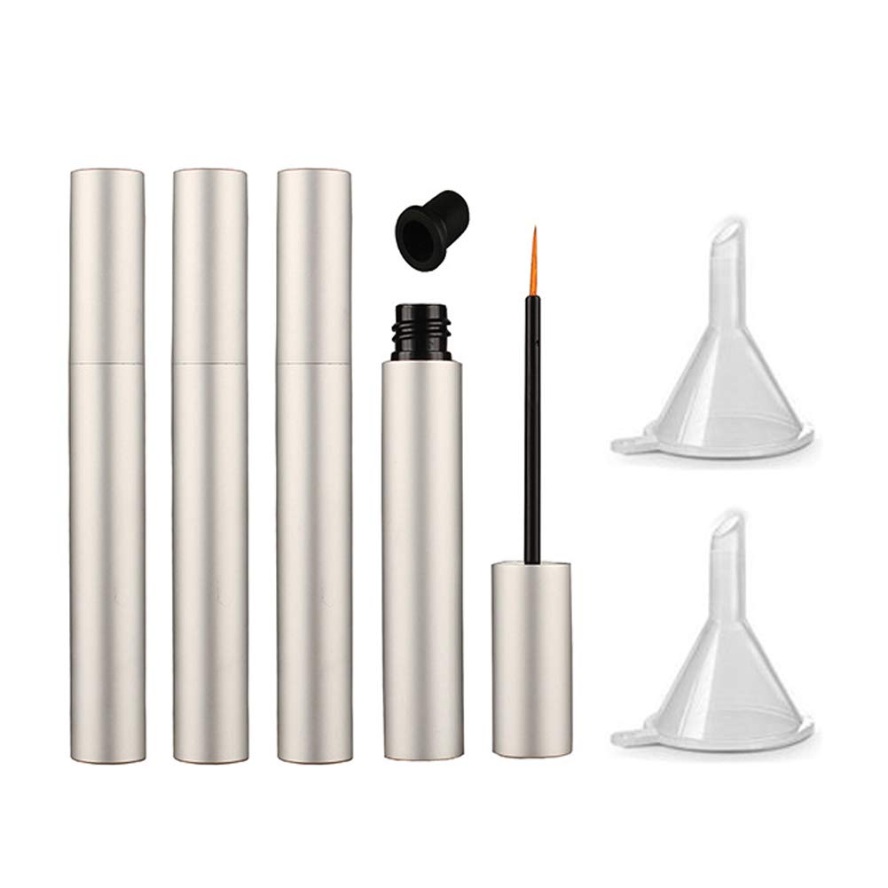 lazenersm 4 kawałki 5 ml Aluminium Pusty Eyeliner Tubes Refishable Eyelash Rosnąca butelka Plastic Eyeliner Vials Tube z Brush Eyelash Wzrost oleju Mascara Tube z 2 Mini rdzenia, Matte- Silver
