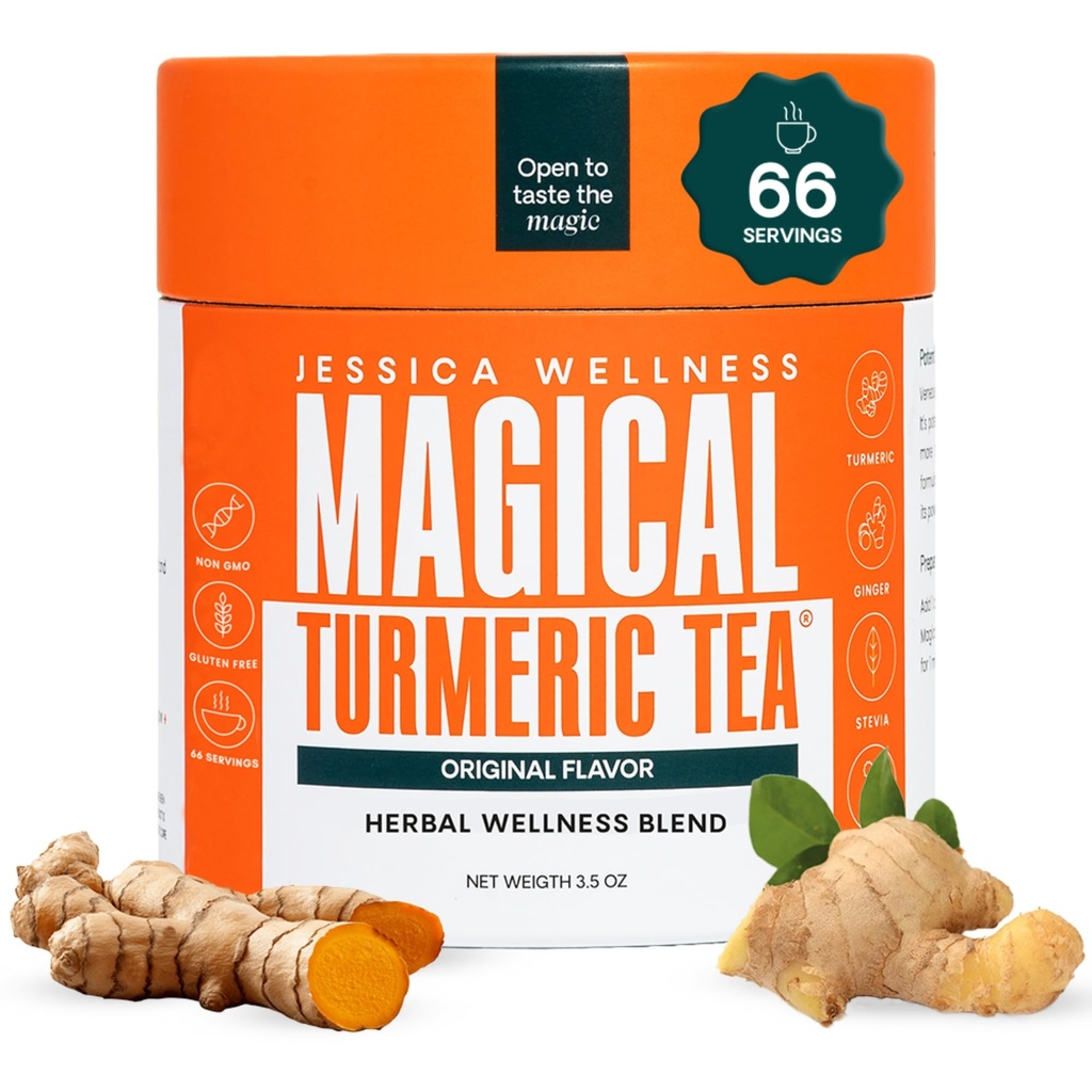 JESSICA WELLNESS magiczna herbata turmerowa z imbirem, papryką czarną i stewią 124; Turmerowy proszek organiczny mieszanka 124; 3.5 oz (oryginalny aromat)