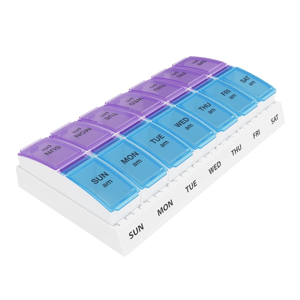 Ezy dawka tygodniowa (7- Day) AM / PM Pill Organizator, Witamina i Medicine Box, Małe Komory wyskakujące, 2 razy dziennie, niebieski i fioletowy lidów