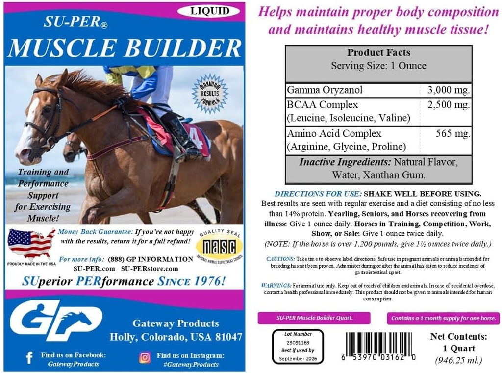 SU- PER Muscle Builder Horse Supplement - Wsparcie treningu i wydajności mięśni treningowych - 1 Gallon + Pompa