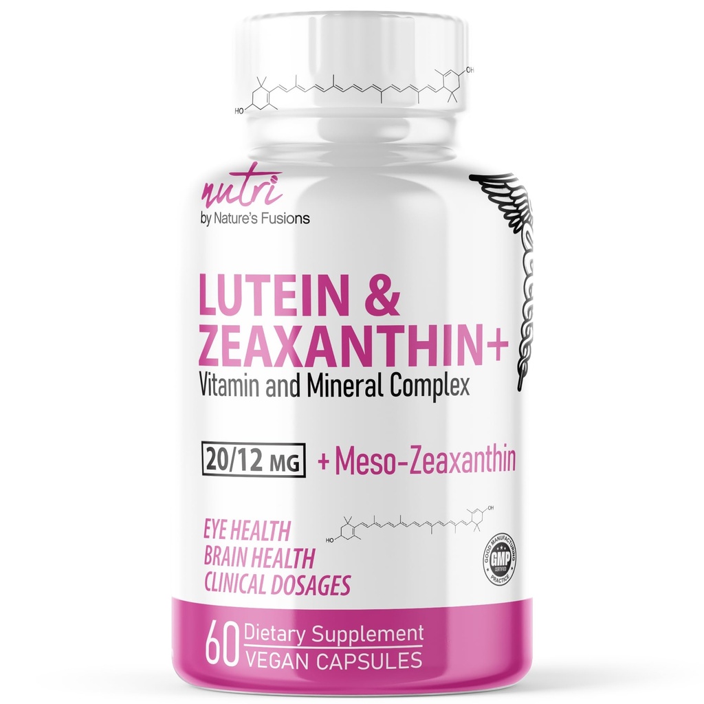 Fuzje natury Nutri Lutein 20mg Eye Vitamin Complex - Triple Carotenoid Formula - Luteina i Zeaksantyna - Zawiera cynku, witaminy A, C, D3, E, Folate - 60 Kapsułki - Suplementy do zdrowia oczu