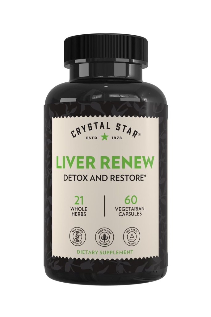 Crystal Star Liver Renew, 60 Kapsułek, Herbal Liver Cleanse Supplement, który wspomaga normalne czynności wątroby i promuje uwalnianie toksyn - Ostrze mleka, Non-GMO