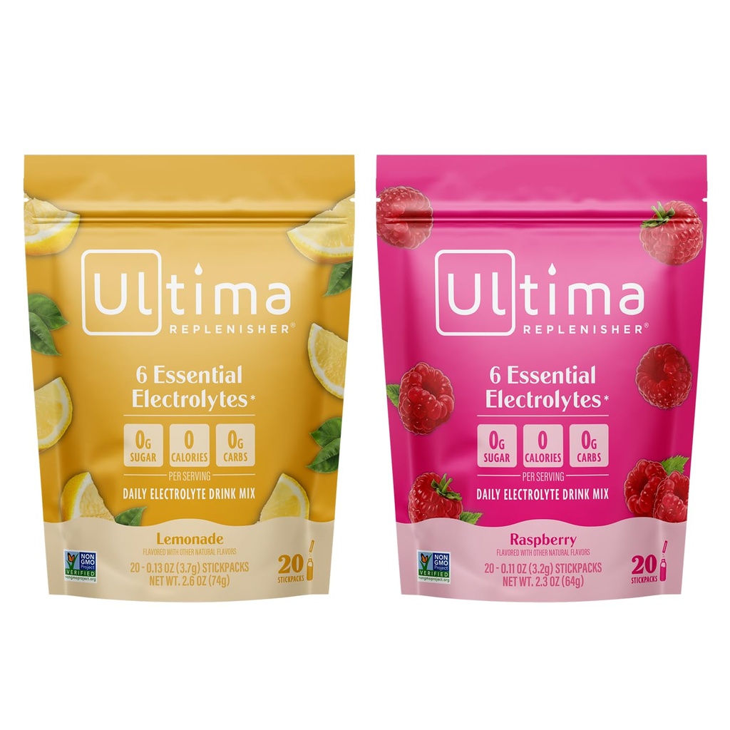 Ultima uzupełniacz Electrolyte proszek napój Bundle - Cukier wolny - Lemoniada i Malina, 20 Stickpack - 6 Electrolytes and Minerals - Keto Friendly, Wegan, Non-GMO