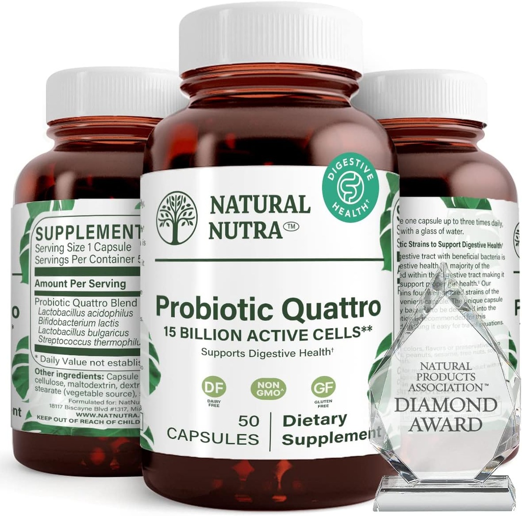 Natural Nutra Probiotic Quattro - Advanced Probiotic Supplement with 4 Powerful Strains Including Lactobacillus Acidophilus, Bifidus - Supports Digestive and Immune Health - 50 Vegetarian Capsules