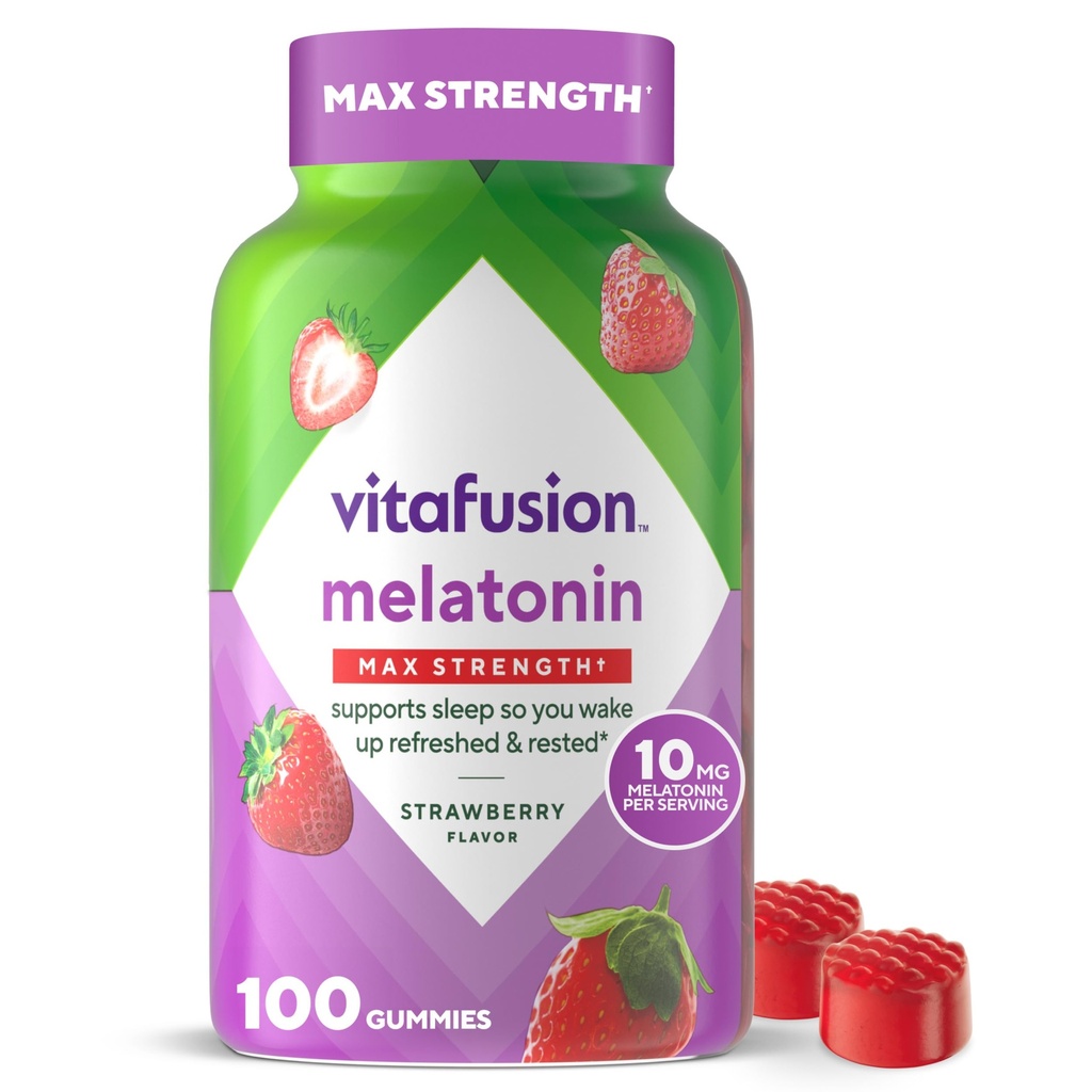 vitafusion Max Siła 10 mg Melatonina Gumiaki, Strawberry Flavored, Dorośli Melatonin Gumy Suplement witaminy, 100 Hrabia, 50 Day Supply