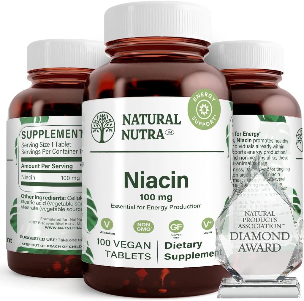 Natural Nutra Niacin Suplement dla Energii, Pomoc utrzymanie tkanki tłuszczowej ciała, Poprawa trawienia, Promotes skóry zdrowia, Boost Energy and Brain Function, Non-GMO, Gluten- Free, 100 mg, 100 tabletek (Opakowanie 2)