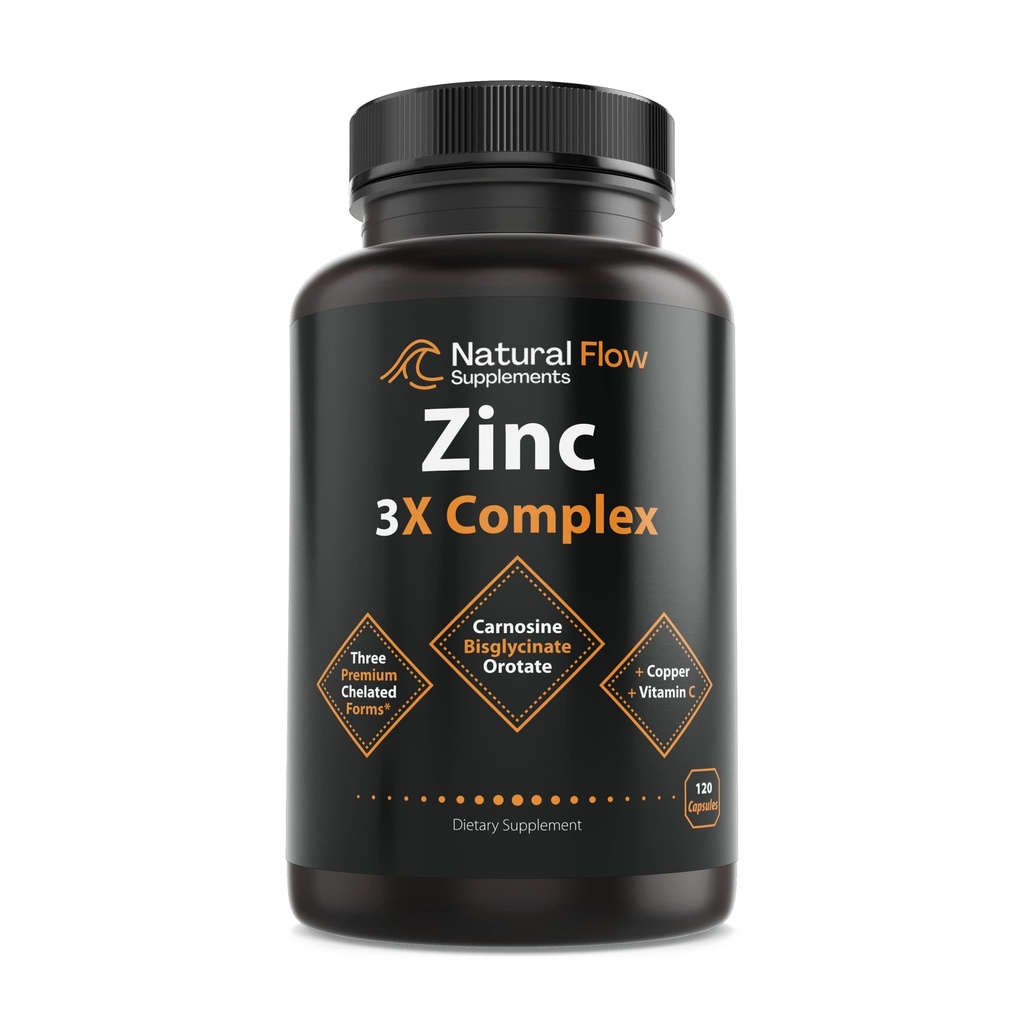 Kompleks suplementu cynku z miedzi i witaminy C - Natural Flow 3X Cynk Carnosine, Bisglicinate Chelate i Orot, Chelated Copper, Easy on The Stomach, Skóra i wsparcie immunologiczne, 120 Kapsułki