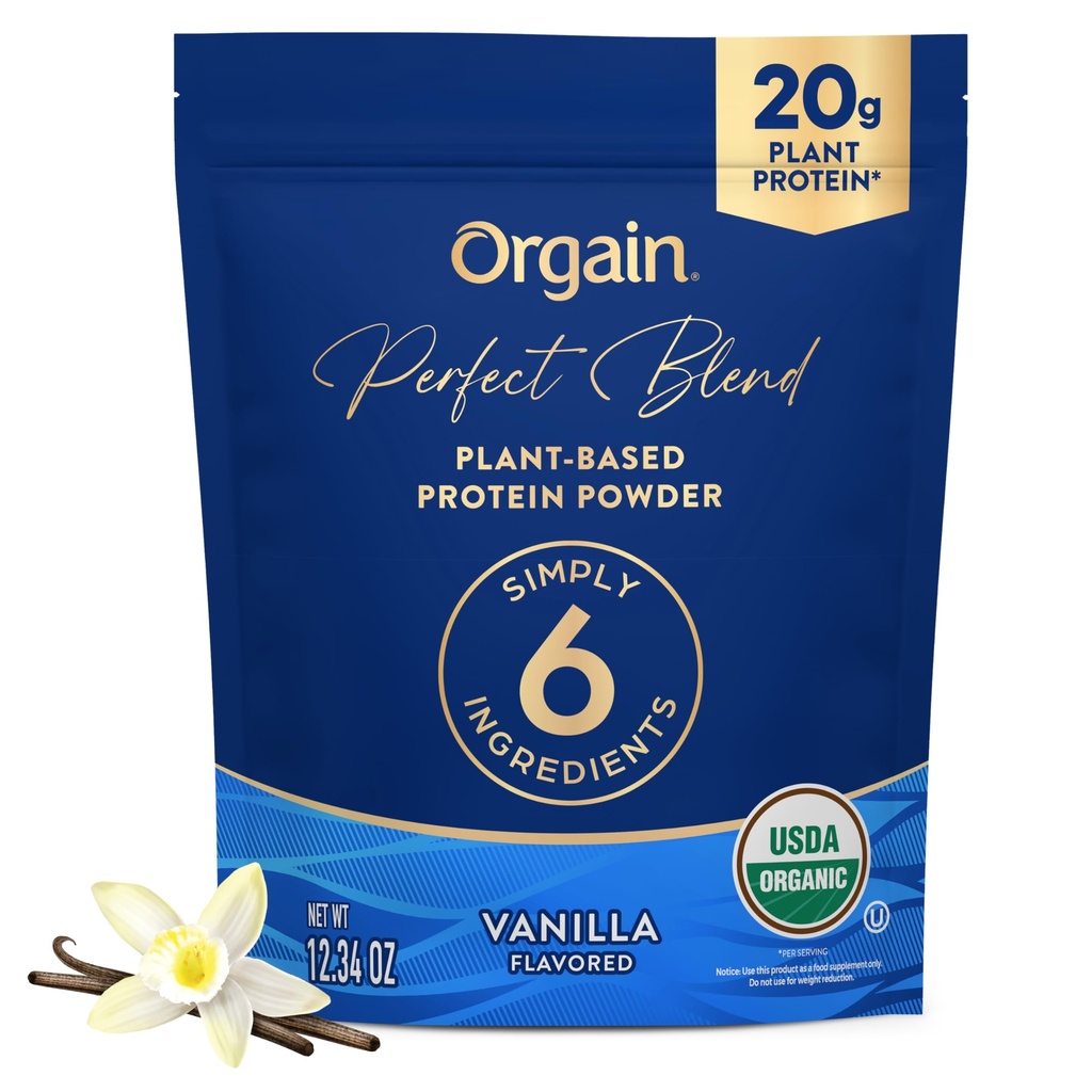 Orgain Organic Vegan Perfect Blend Protein Powder, 20g Protein Clean Plant, 6 Składniki, < 1 g Cukier, Gluten Free, Non-GMO; Brak sztucznych aromatów, Stevia Extract, Dairy or Soy Ingredient- Vanilla