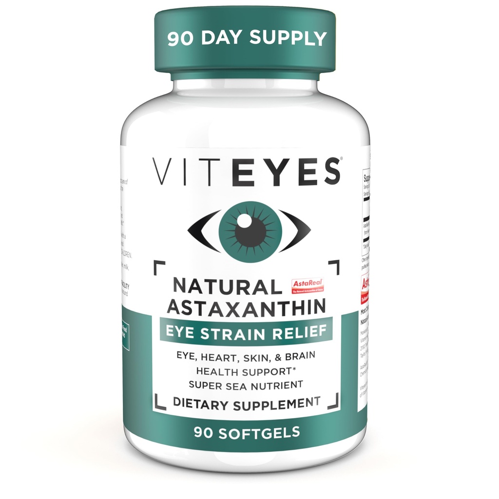 Viteyes Natural Astaxanthina, Relieve Zmęczone Oczy i Oczy, Sourced z Algae, Hydration skóry, Heart & Brain Health, 4 do 8 mg Natural Astaxanthina, 90 Softgels