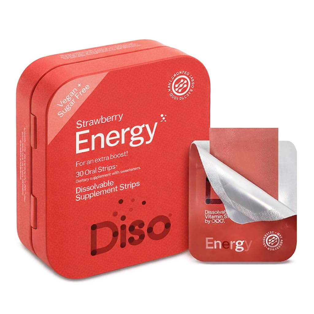 DISO - Energia - Szybkie rozpuszczanie kofeiny paski z witamin, Strawberry Flavor, Wegan, Sugar Free, Wysoka absorpcja, Gluten Free, Indywidualnie zapakowane, 30 Rozpuszczalne paski