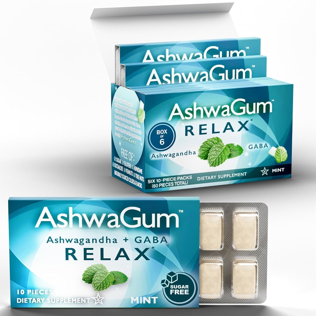 AshwaGum RELAX Gum przez BetterGum, High Potency Supplement z KSM 66 Ashwagandha i Gaba, Wspomaga stres i lęk Relief, Cortisol Support, Alternatywa dla Gummies, Sugar-Free, 10 Kawałki - 6 Pack
